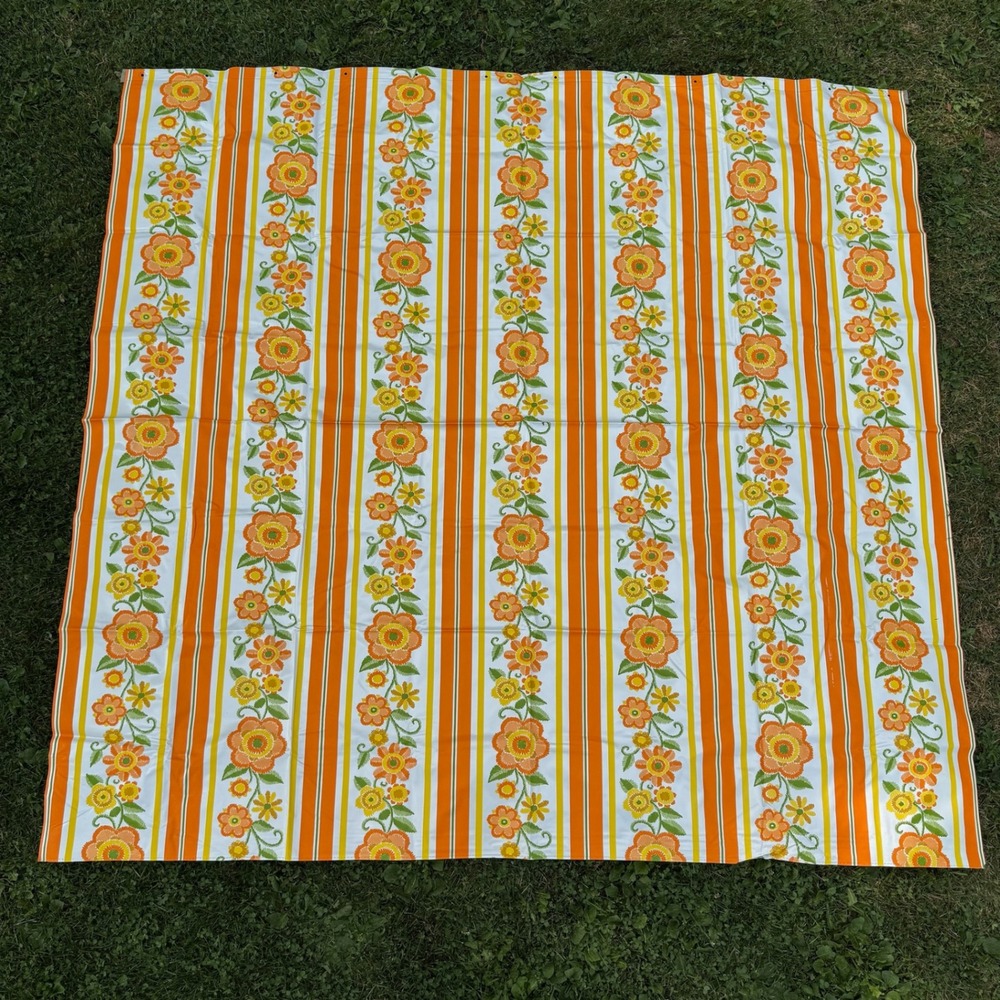 Vintage Shower Curtain 71x69 Orange Yellow Retro Floral Striped Vinyl Boho MCM